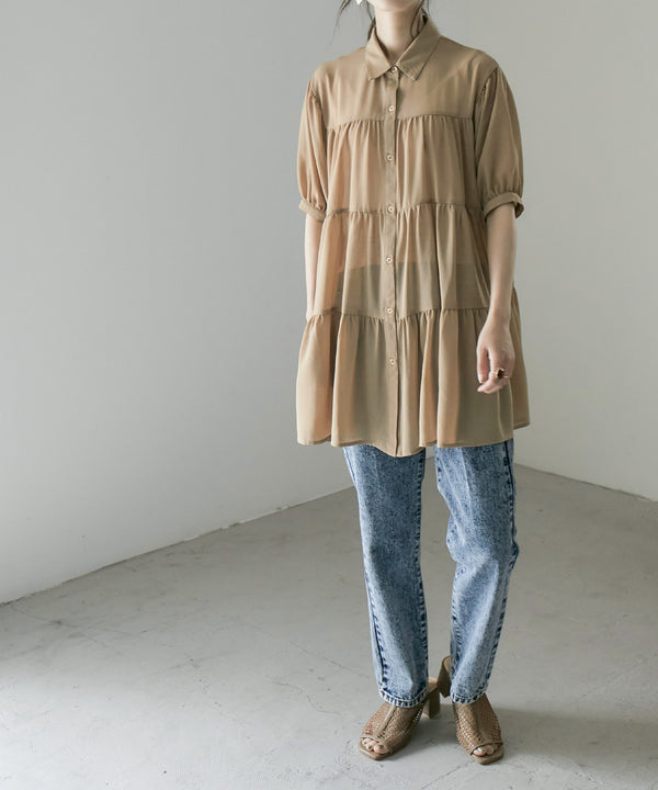 Fashion Letter 襟付きティアードチュニック ベージュ