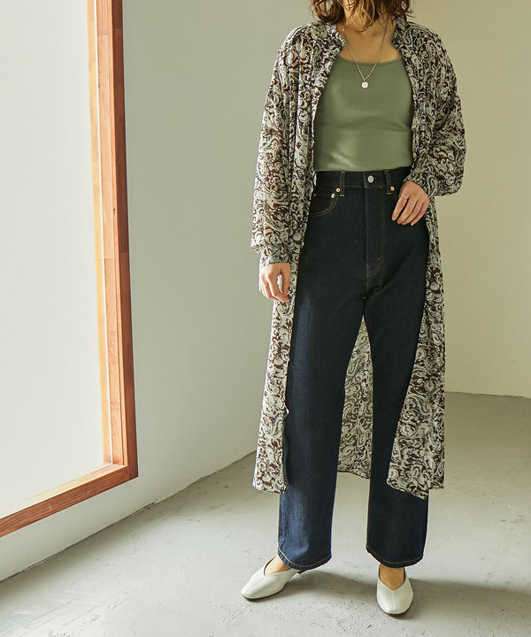 Fashion Letter ペイズリー柄バンドカラーシアーシャツワンピ ブラウン