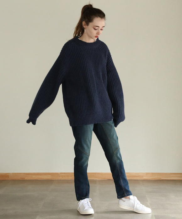 aity ウエストリブデニムサルエルパンツ ネイビー