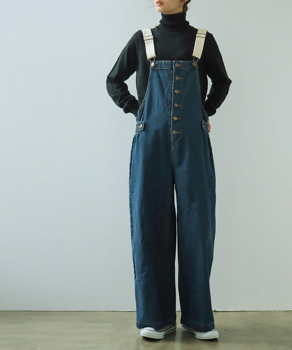 Fashion Letter 配色ショルダー切替デニムサロペット ネイビー