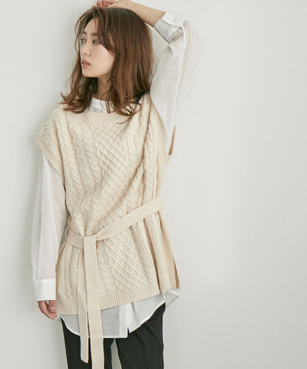 Fashion Letter リボンベルト付きニットベスト アイボリー