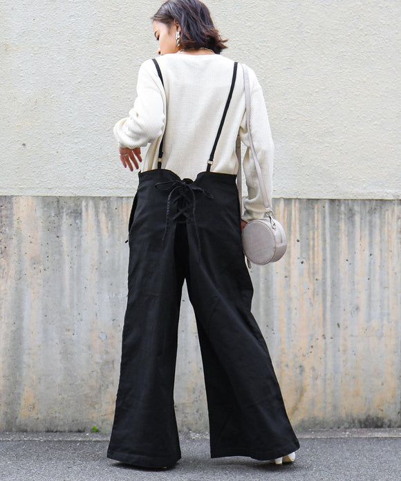 Fashion Letter バックレースアップ ツイル オールインワン ブラック