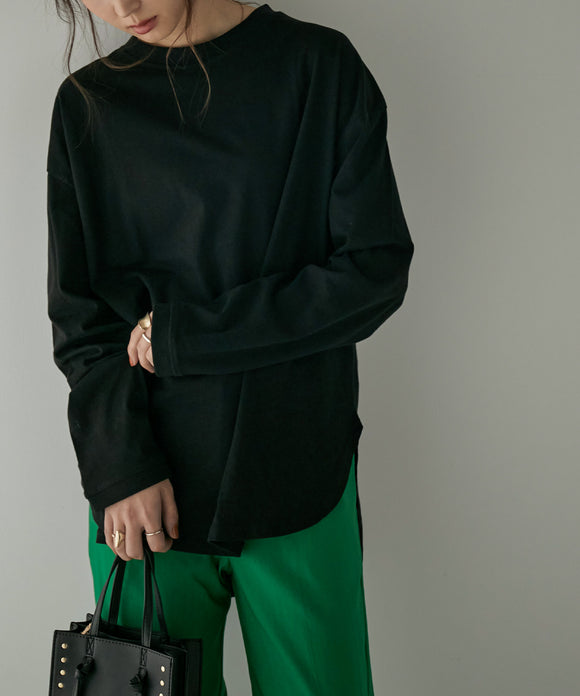 Fashion Letter ラウンドロングヘムロンT ブラック