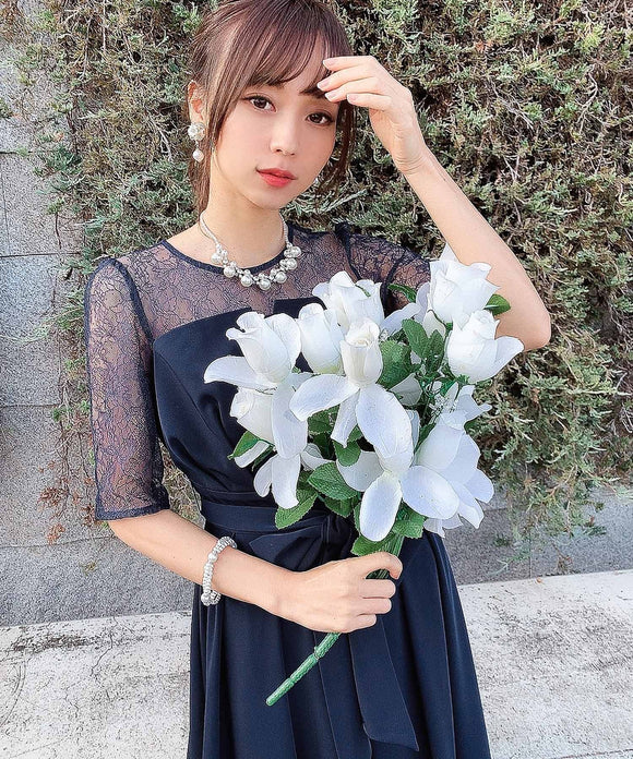 niana カシュクール×レース ロングドレス ネイビー