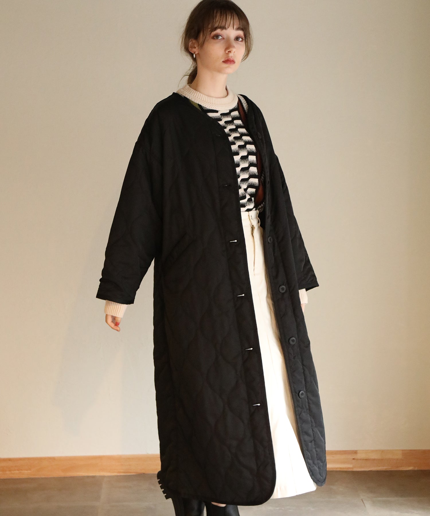 中綿入りノーカラーキルティングコート｜コート・ジャケット - aity