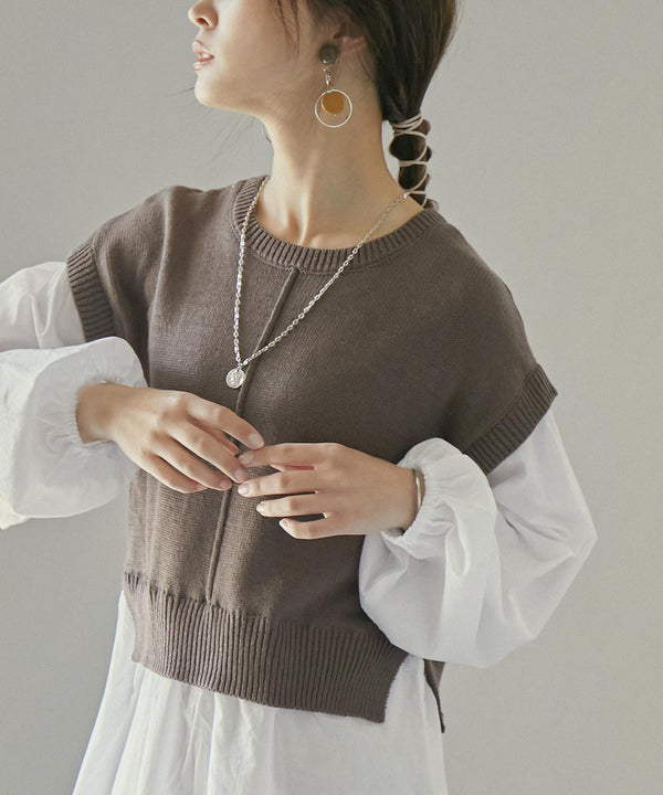 Fashion Letter ボリュームスリーブドッキングニットブラウス モカ