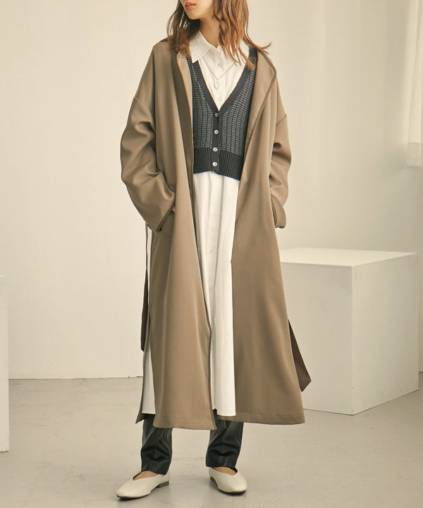 Fashion Letter パイピングノーカラーガウンコート モカブラウン
