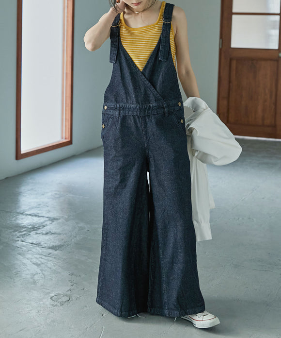 Fashion Letter カシュクールデニムサロペット ワンウォッシュネイビー