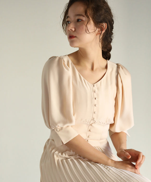 aity Vネックリブプリーツワンピース アイボリー