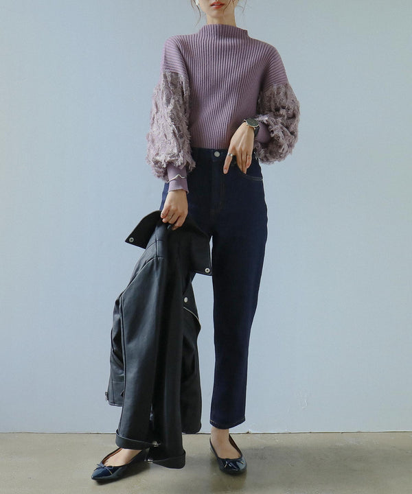 Fashion Letter ぽわん袖リブニットプルオーバー 長袖 ラベンダー