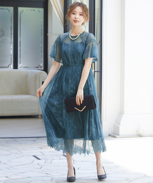 niana レース×レーステープデザイン ドレス ブルーグレー