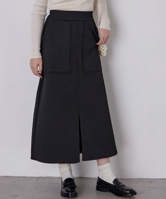 Fashion Letter ｶｯﾄジャガードキルトフロントスリットタイトスカート ブラック