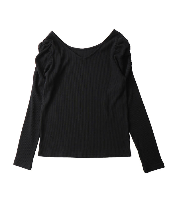 Fashion Letter カットリブパフショルダーカットソー ブラック
