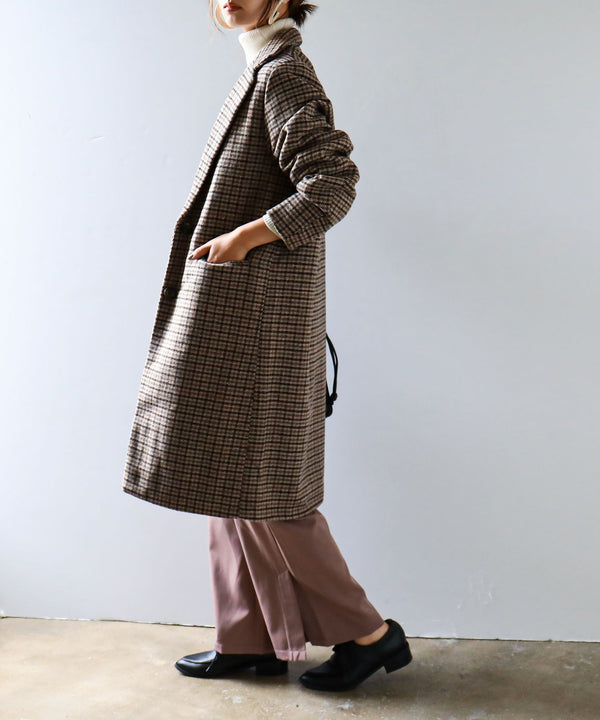 Fashion Letter チェック柄 ロングチェスターコート グレー