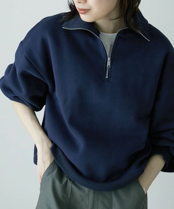 etoll. 裏起毛ファスナー付きハイネックPO ネイビー