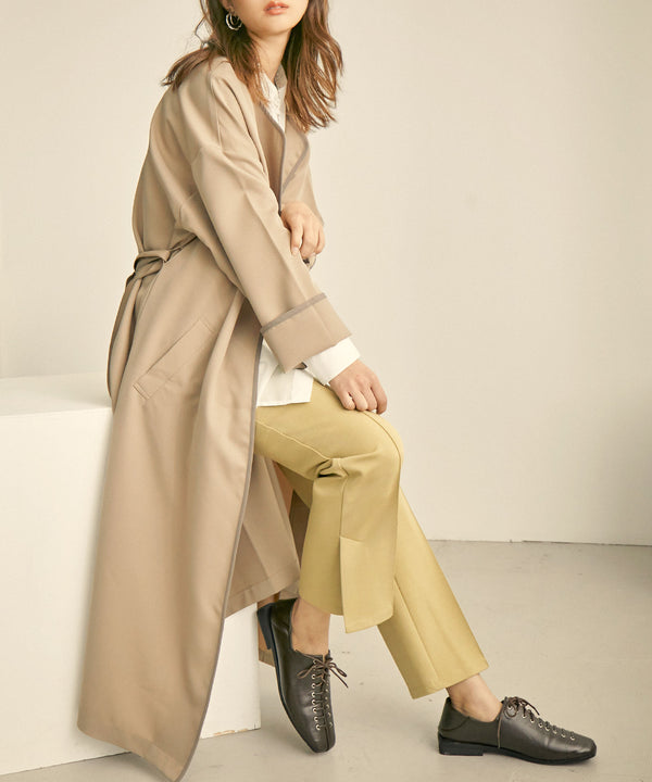 Fashion Letter パイピングノーカラーガウンコート ベージュ