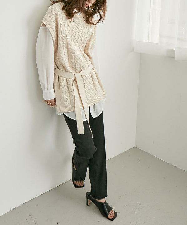 Fashion Letter リボンベルト付きニットベスト アイボリー