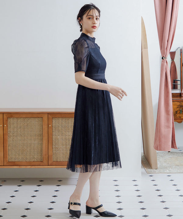 niana バックサテンジョーゼット×ラッセルレースドレス ネイビー