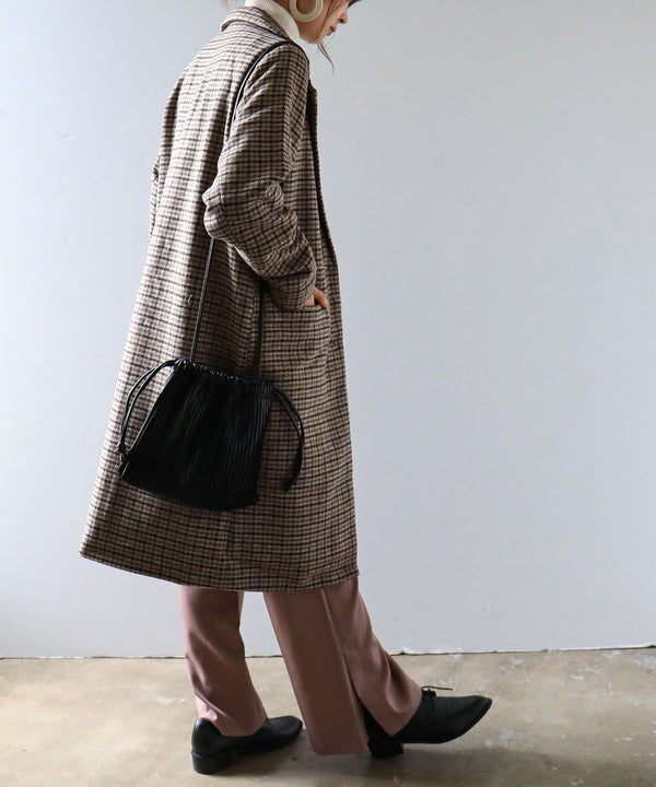 Fashion Letter チェック柄 ロングチェスターコート グレー