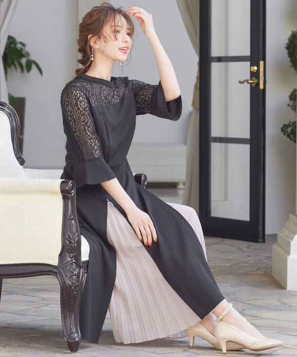 niana レース×シフォン インナープリーツドレス ブラック