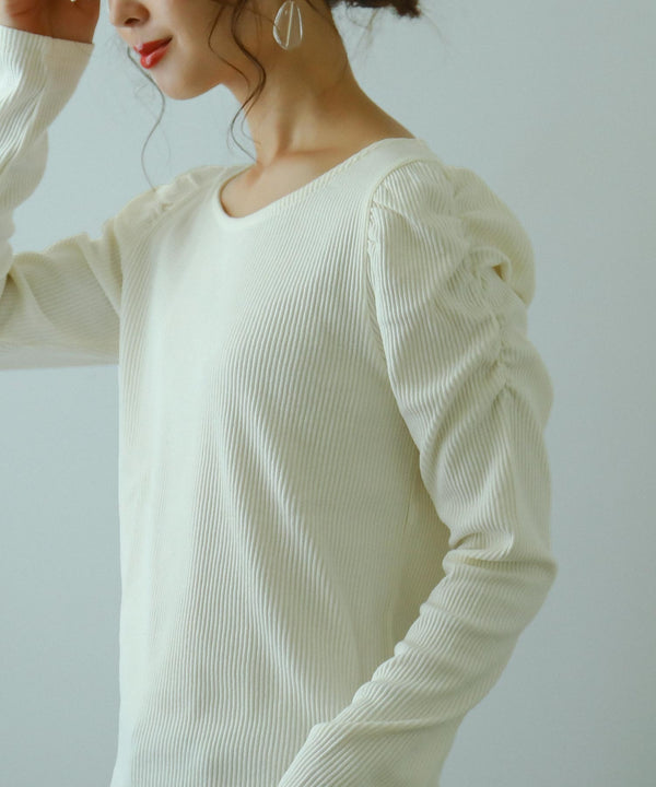 Fashion Letter カットリブパフショルダーカットソー アイボリー