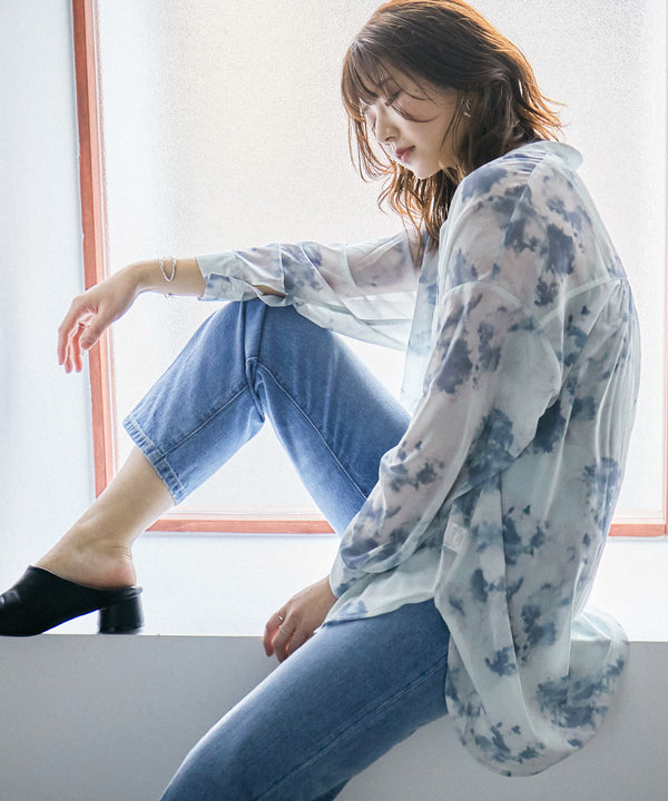 Fashion Letter タイダイ柄バンドカラーシアーシャツ ブルー