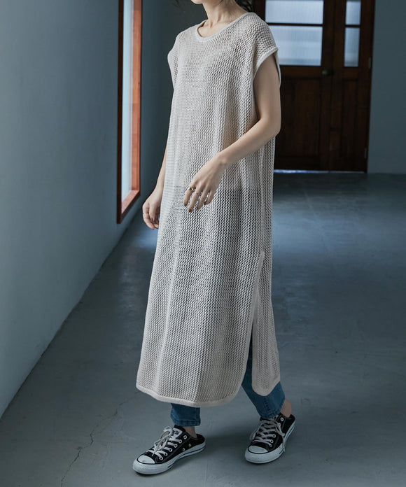 Fashion Letter メッシュニットロングベスト ライトグレー
