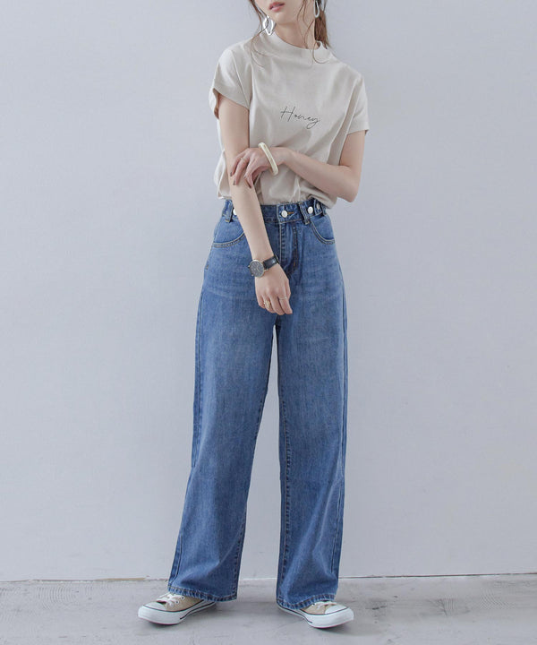 Fashion Letter ゆったりハイウエストワイドストレートデニム ブルー