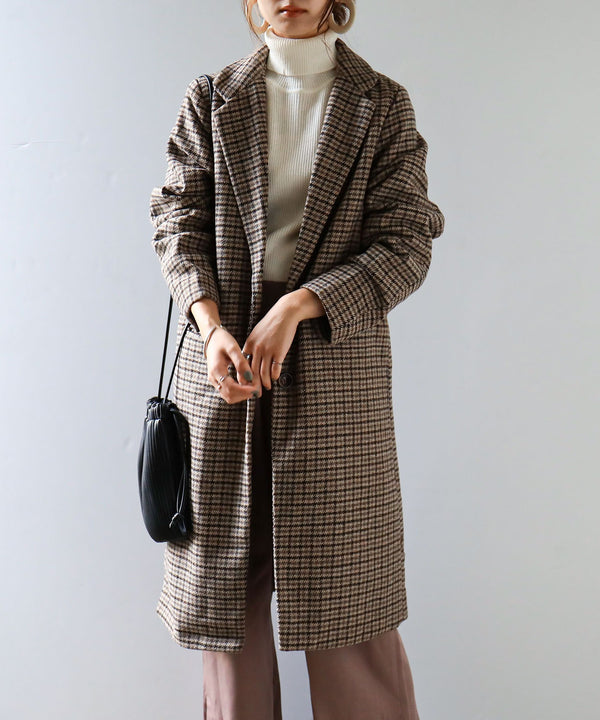 Fashion Letter チェック柄 ロングチェスターコート グレー