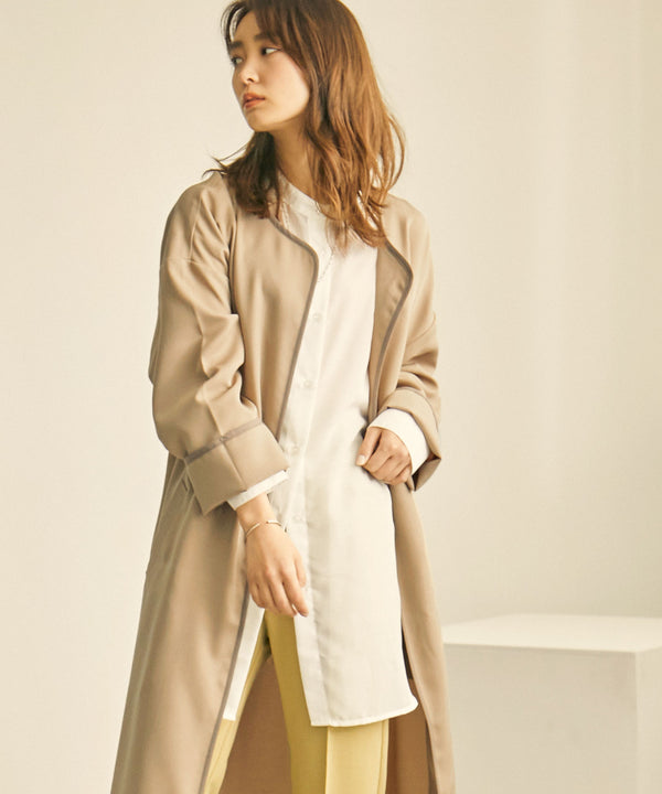 Fashion Letter パイピングノーカラーガウンコート ベージュ