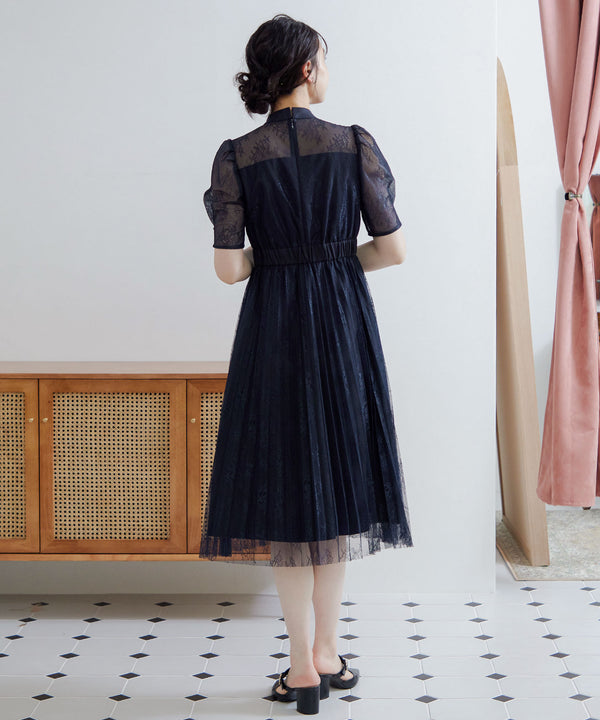 niana バックサテンジョーゼット×ラッセルレースドレス ネイビー