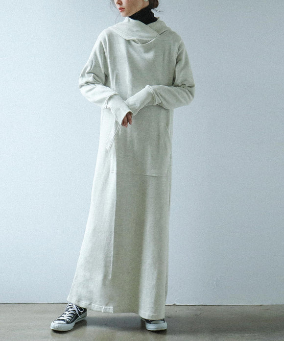 Fashion Letter 裏毛重ね襟パーカーワンピース オートミール