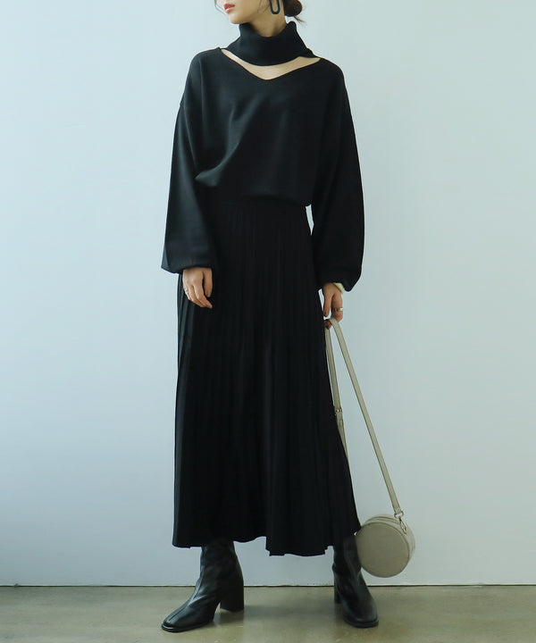 Fashion Letter オフタートルオープンネックニット ブラック