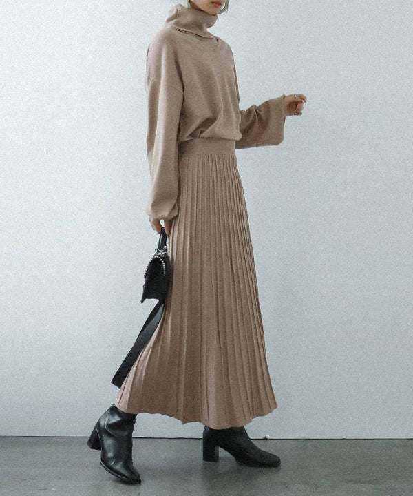 Fashion Letter 12G天竺編みニットプリーツスカート モカ