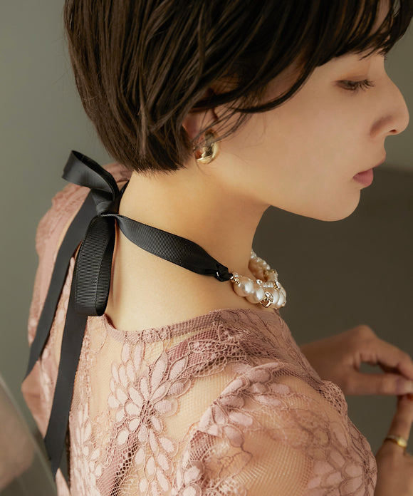 niana グログランリボンパールネックレス ブラック