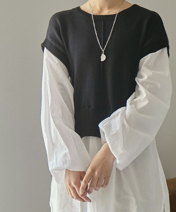 Fashion Letter ボリュームスリーブドッキングニットブラウス ブラック