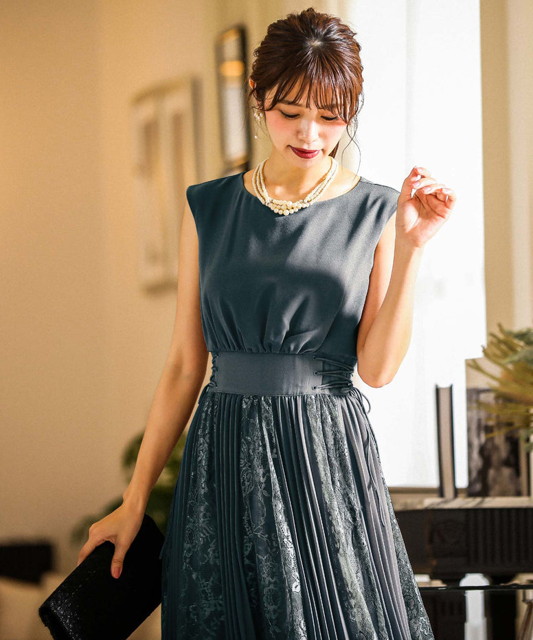 レース×プリーツスカート切り替え 結婚式ワンピース パーティードレス 