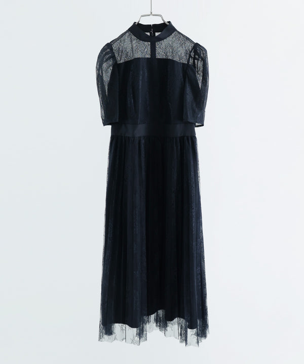 niana バックサテンジョーゼット×ラッセルレースドレス ネイビー