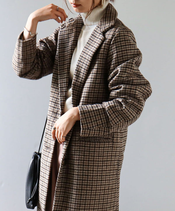 Fashion Letter チェック柄 ロングチェスターコート グレー