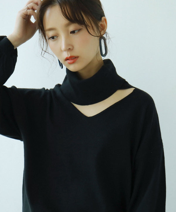 Fashion Letter オフタートルオープンネックニット ブラック