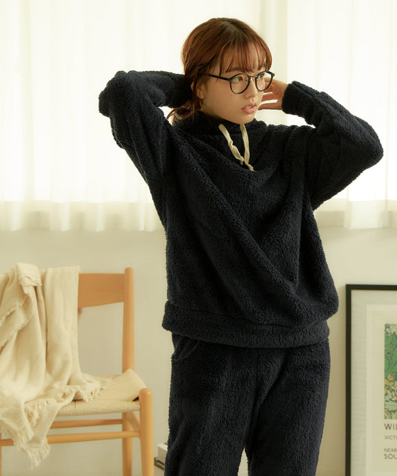 Fashion Letter シープボアハイネックパンツ上下セット ブラック