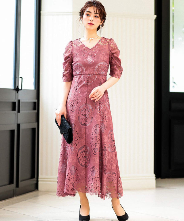 niana 刺繍レース 結婚式ワンピース パーティードレス オールドローズ