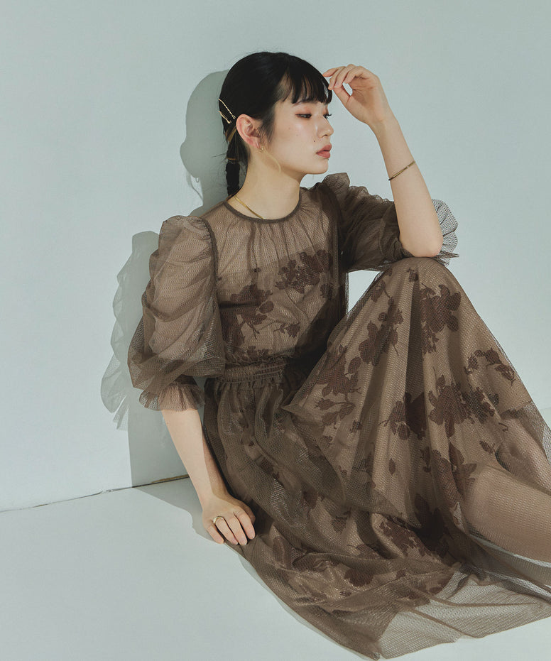 花柄キャミワンピースチュールレイヤードパーティードレス