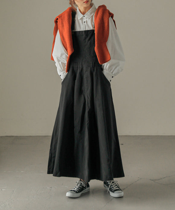 Fashion Letter タック入りロング丈サロペットスカート ブラック