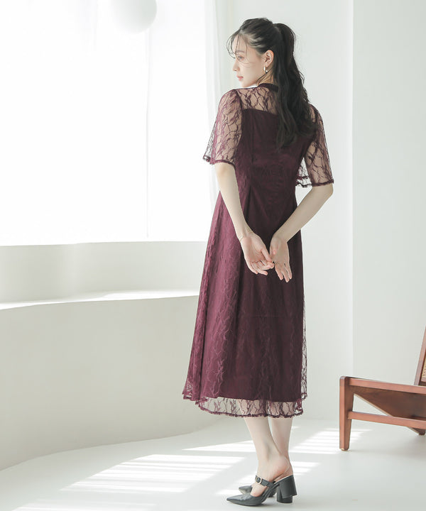niana 総レースハイネックワンピース ワイン