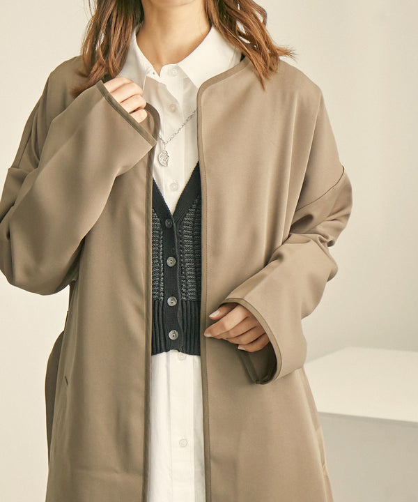 Fashion Letter パイピングノーカラーガウンコート モカブラウン