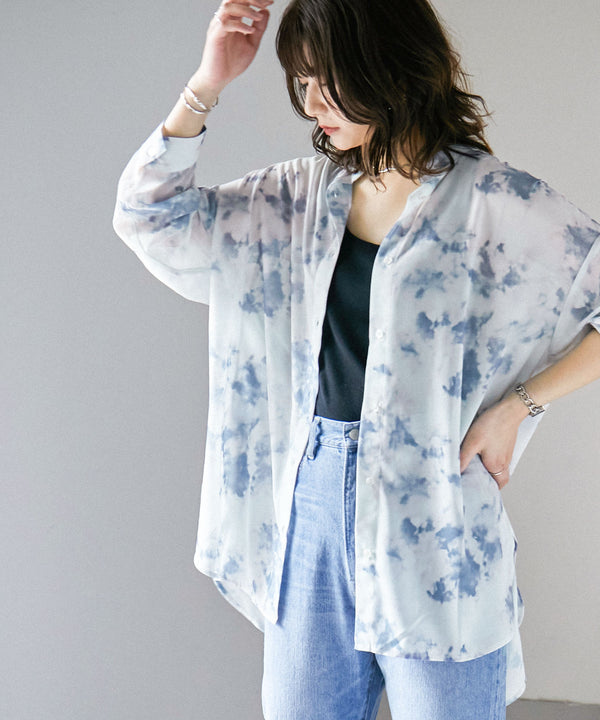 Fashion Letter タイダイ柄バンドカラーシアーシャツ ブルー