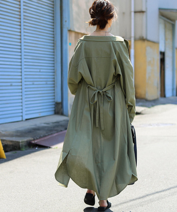 Fashion Letter フラップポケットロングシャツジャケット カーキ