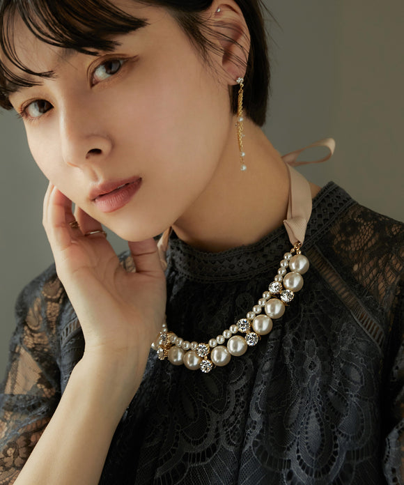 niana グログランリボンパールネックレス ベージュ