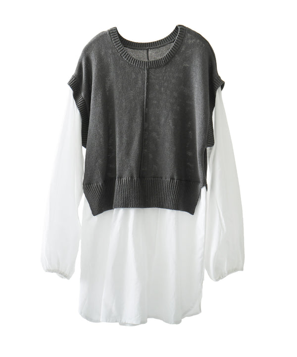 Fashion Letter ボリュームスリーブドッキングニットブラウス チャコールグレー